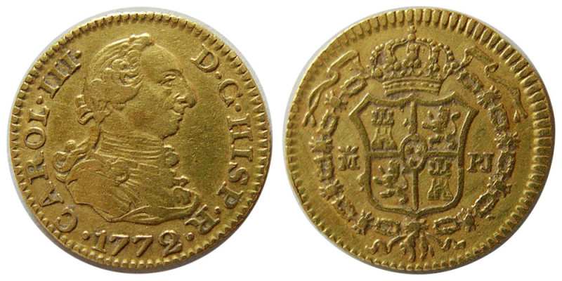 SPAIN, Carol III. 1772-PJ. Gold 1/2 Escudos (1.78 gm; 15 mm). Madrid mint. Choic...
