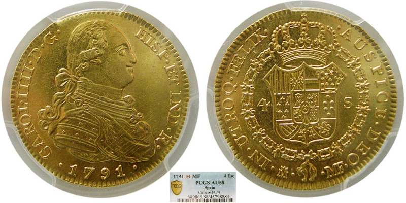 SPAIN, Carol IIII. 1791-M MF. Gold 4 Escudos. Calico 1474. PCGS-AU 58. Certifica...