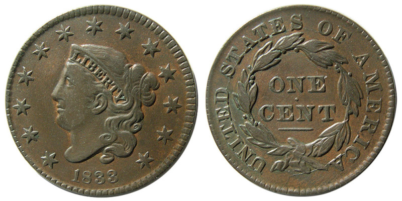 UNITED STATES; Early Classic Large Cent. 1833. R-1. Brown Patina. Choice VF 25. ...