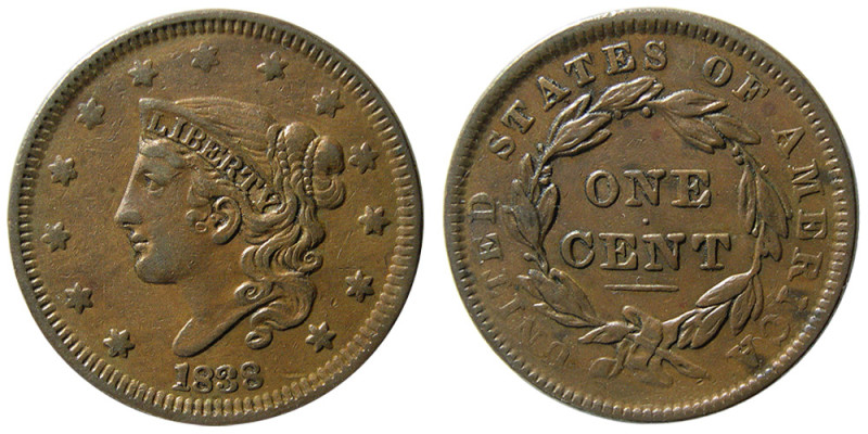 UNITED STATES; Early Classic Large Cent. 1838.R-1. Brown reddish patina. Choice ...