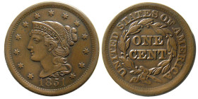 UNITED STATES; Early Classic Large Cent. 1851. R-3.