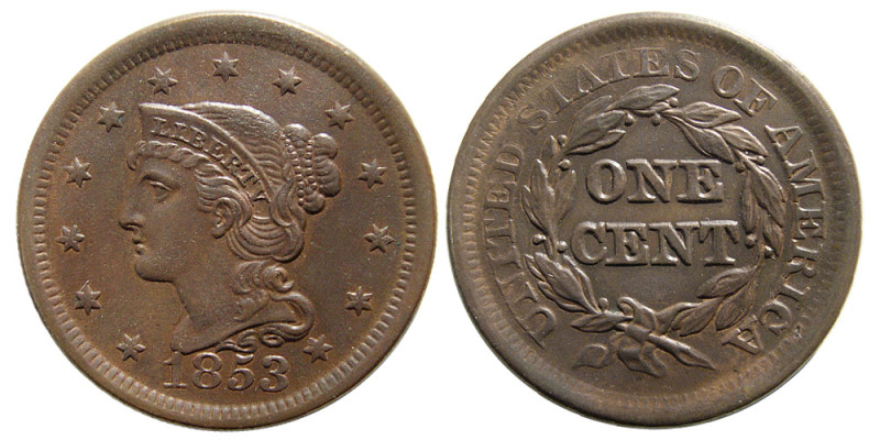 UNITED STATES; Early Classic Large Cent. 1853. R-1. Brown Patina. Choice MS 60. ...