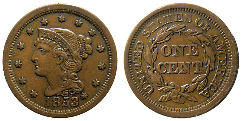 UNITED STATES; Early Classic Large Cent. 1853. R-3. Brown patina. Choice EF. Fro...