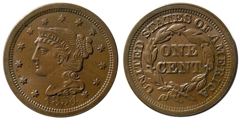 UNITED STATES; Early Classic Large Cent. 1854. R-2. Brown patina. Choice AU 50. ...