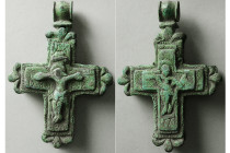 BYZANTINE EMPIRE; Bronze reliquary double-sided cross