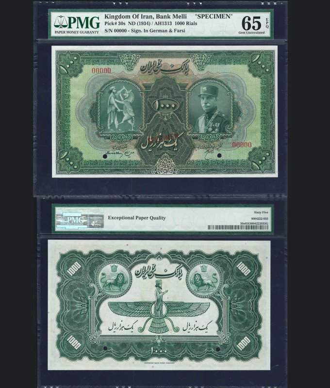IRAN; Bank Melli. 1000 Rials "Specimen". Pick # 30s. ND (1934) / AH 1313. Serial...