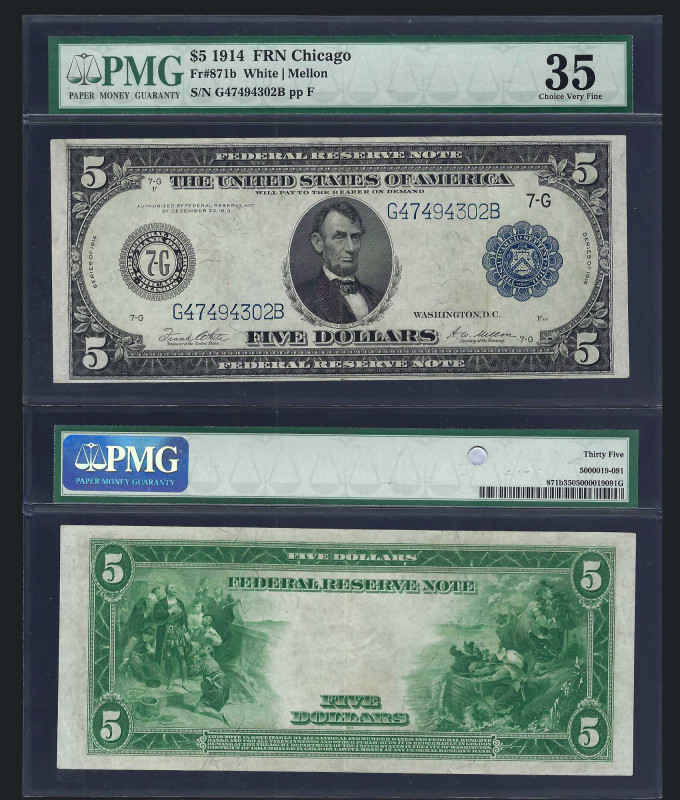 UNITED STATES; $5 1914. FR # 871b. Federal Reserve Note Chicago. White | Melon. ...