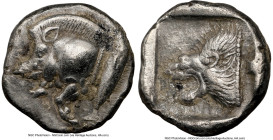 MYSIA. Cyzicus. Ca. 5th century BC. AR diobol (10mm, 8h). NGC XF. Forepart of boar left, tunny upward behind / Head of roaring lion left within square...