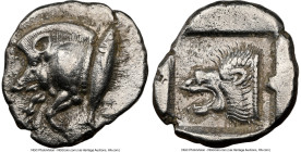 MYSIA. Cyzicus. Ca. 5th century BC. AR diobol (11mm, 10h). NGC XF. Forepart of boar left, tunny upward behind / Head of roaring lion left within squar...