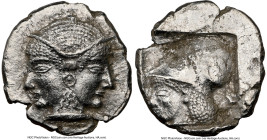 MYSIA. Lampsacus. Ca. 500-450 BC. AR diobol (11mm, 6h). NGC XF, brushed Janiform female head adorned with bands in hair and embossed earring / Head of...