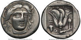 CARIAN ISLANDS. Rhodes. Ca. 340-316 BC. AR didrachm (18mm, 12h). NGC VF. Head of Helios facing, turned slightly right, hair parted in center and swept...