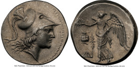 PAMPHYLIA. Side. Ca. 3rd-2nd centuries BC. AR tetradrachm (31mm, 16.75 gm, 1h). NGC Choice XF 4/5 - 4/5. Head of Athena right, wearing triple-crested ...