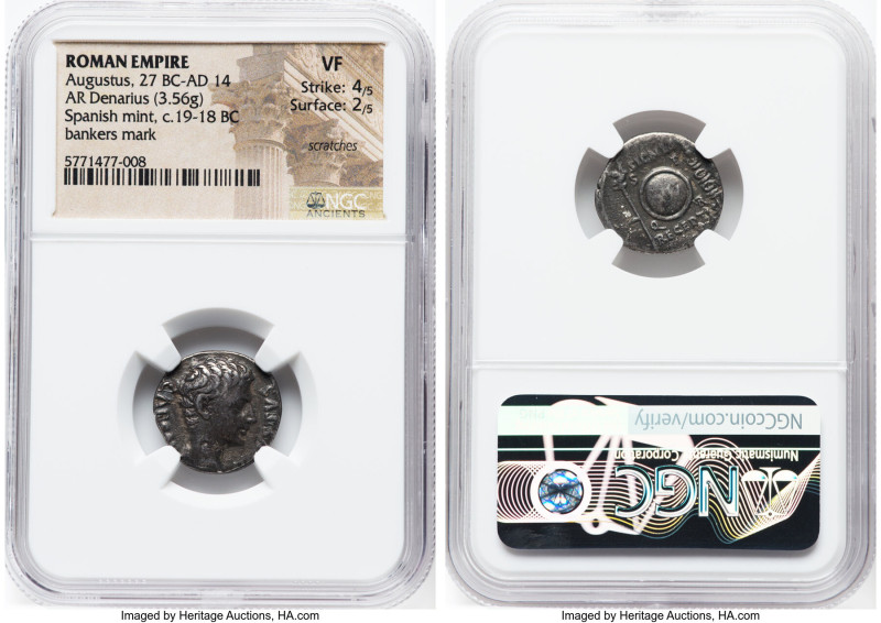 Augustus (27 BC-AD 14). AR denarius (17mm, 3.56 gm, 5h). NGC VF 4/5 - 2/5, scrat...