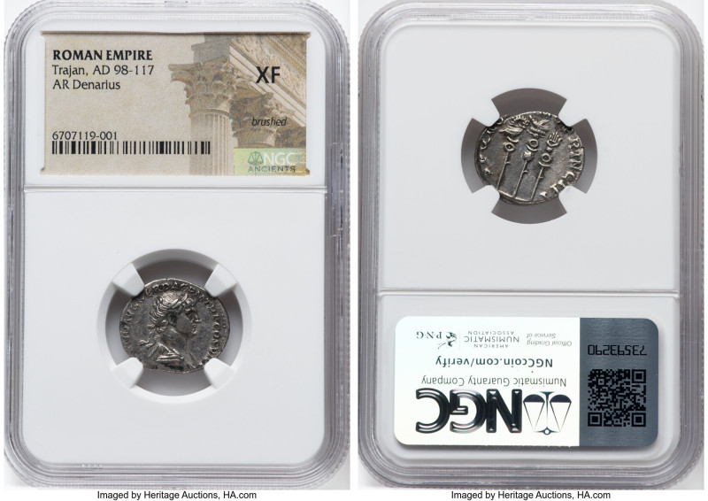 Trajan (AD 98-117). AR denarius (18mm, 7h). NGC XF, brushed. Rome, AD 113-114. I...