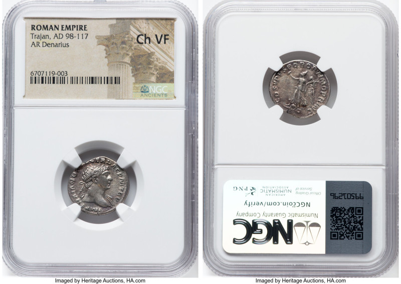 Trajan (AD 98-117). AR denarius (18mm, 7h). NGC Choice VF. Rome, ca. AD 103-111....