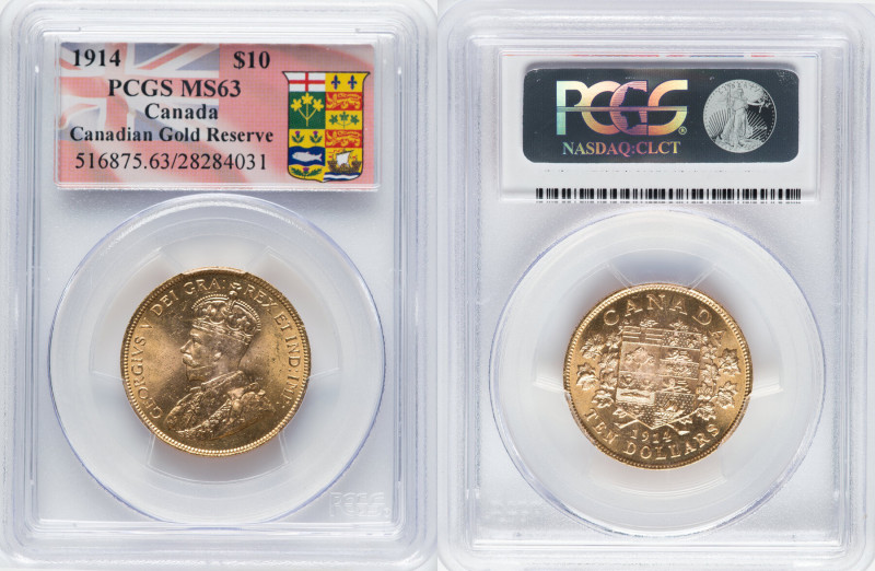 George V gold 10 Dollars 1914 MS63 PCGS, Ottawa mint, KM27. Canadian Gold Reserv...