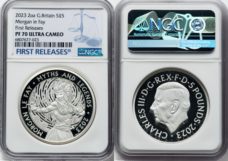 Charles III silver Proof "Morgan le Fay" 5 Pounds (2 oz) 2023 PR70 Ultra Cameo N...