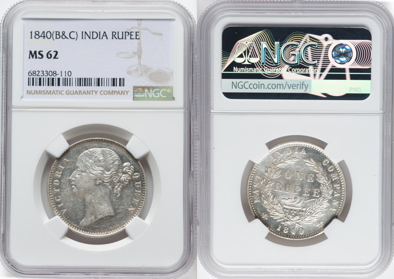 British India. Victoria Rupee 1840-(b&c) MS62 NGC, Calcutta mint, KM458.1. HID09...