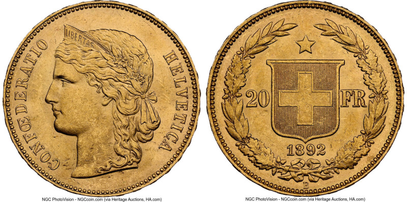 Confederation gold 20 Francs 1892-B MS63 NGC, Bern mint, KM31.3. HID09801242017 ...