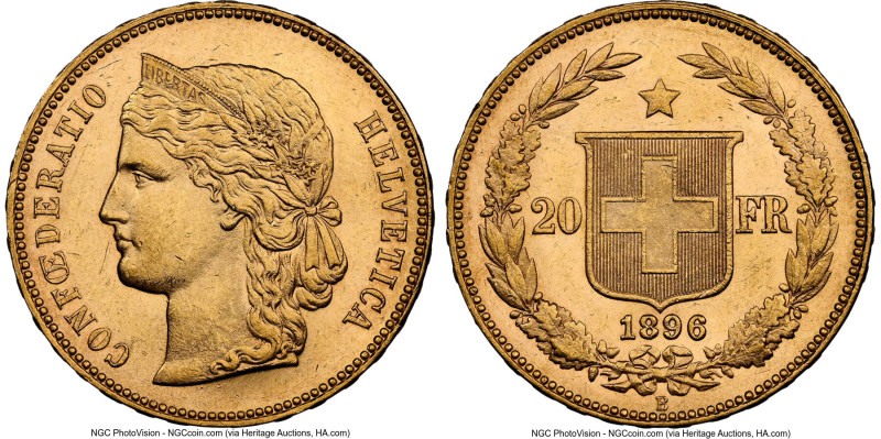 Confederation gold 20 Francs 1896-B MS63 NGC, Bern mint, KM31.3, Fr-495. 3 Stars...