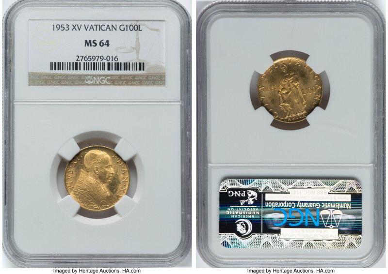 Pius XII gold 100 Lire Anno XV (1953) MS64 NGC, KM53.1. Mintage: 1,000. HID09801...