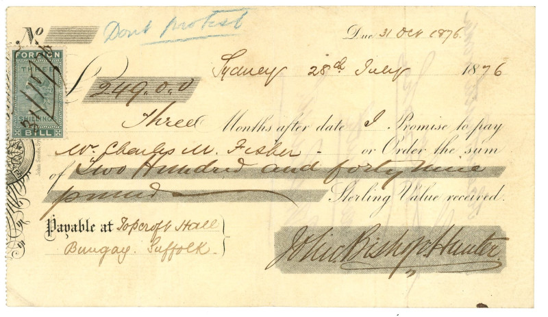Australia Sydney Private Bill of Exchange for £249 1876

Paid at Bungay, Suffo...