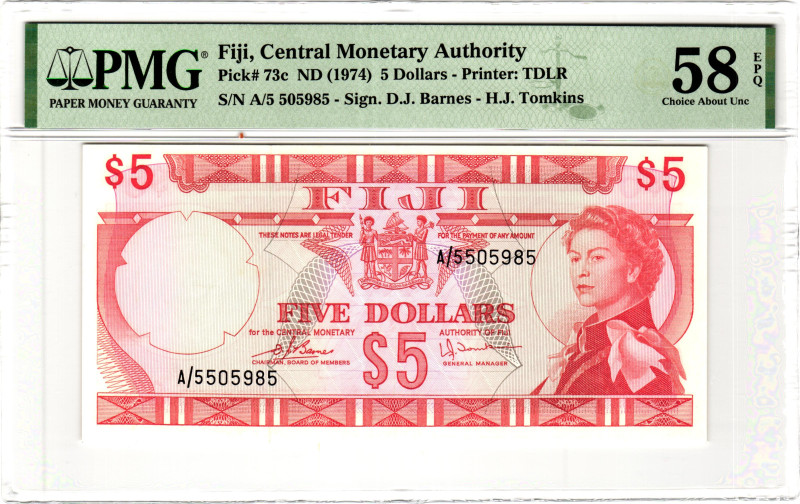 Fiji 5 Dollars 1974 (ND) PMG 58 EPQ Choice About Unc

P# 73c, N# 209387; # A/5...