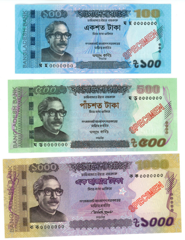 Bangladesh 100 - 500 - 1000 Taka 2014 - 2017 Specimen

P# 57s, 58s, 59s, UNC