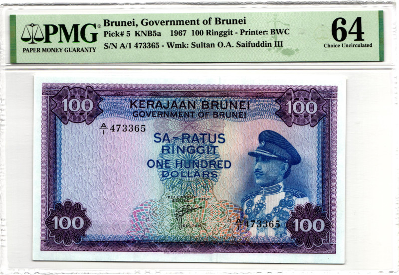 Brunei 100 Ringgit 1967 PMG 64 Choice Uncirculated

P# 5, N# 218115; # A/1 473...