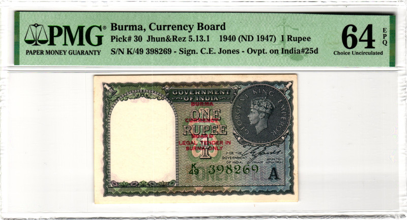 Burma 1 Rupee 1947 (1940) (ND) PMG 64 EPQ Choice Uncirculated

P# 30, N# 21609...