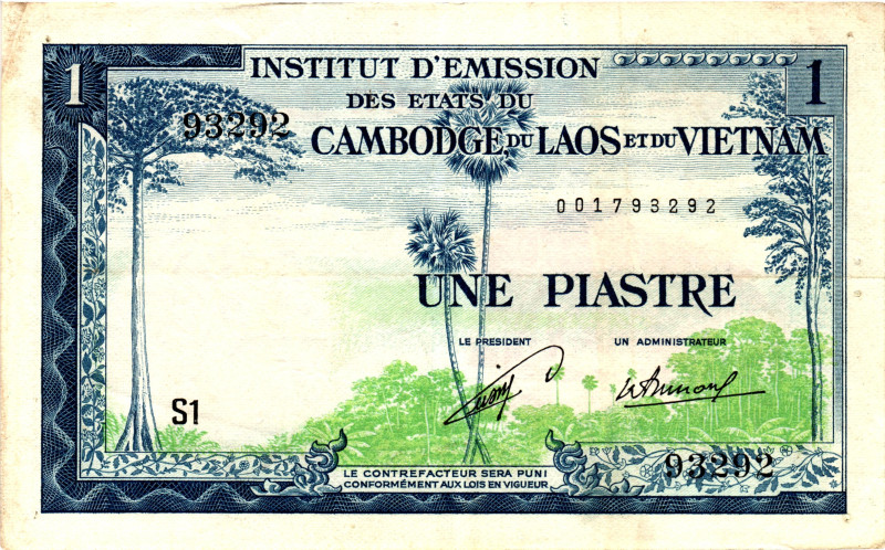 French Indochina 1 Piastre 1954 (ND)

P# 100, N# 208682; # S1 001793292; VF