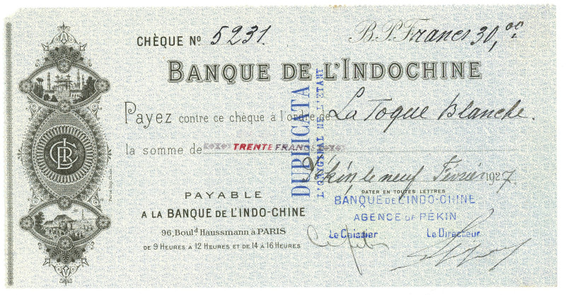 French Indochina Banque de l'Indochine Cheque for 30 Fr Peking Beijing Agency 19...