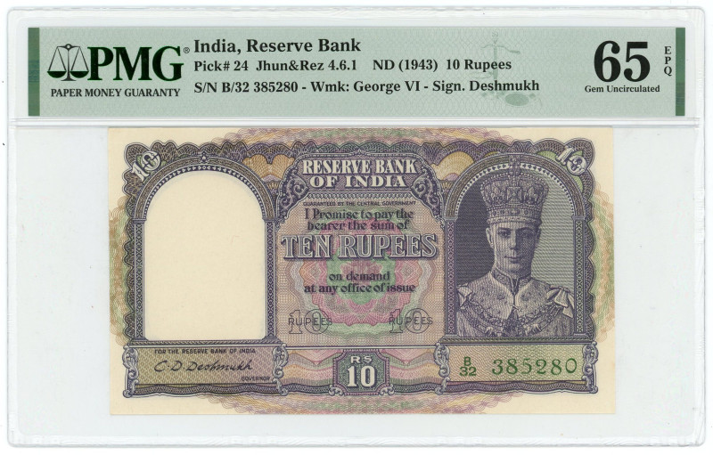 India 10 Rupees 1943 (ND) PMG 65 EPQ Gem Uncirculated

P# 24, N# 203963; # B/3...