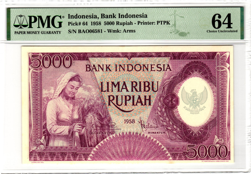 Indonesia 5000 Rupiah 1958 PMG 64 Choice Uncirculated

P# 64, N# 284929; # BAO...