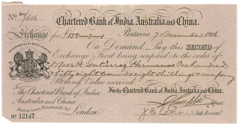 Netherlands East Indies Chartered Bank of India, Australia and China Bill of Exc...