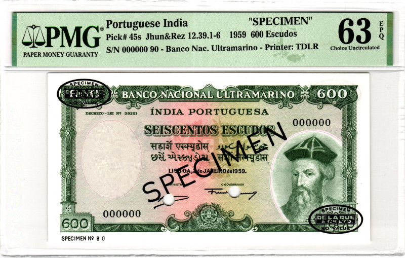 Portuguese India 600 Escudos 1959 Specimen 63 EPQ Choice Uncirculated

P# 45s,...