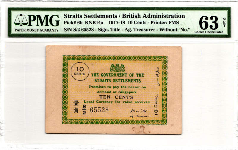 Straits Settlements 10 Cents 1917 -1918 PMG 63 NET Choice Uncirculated

P# 6b,...