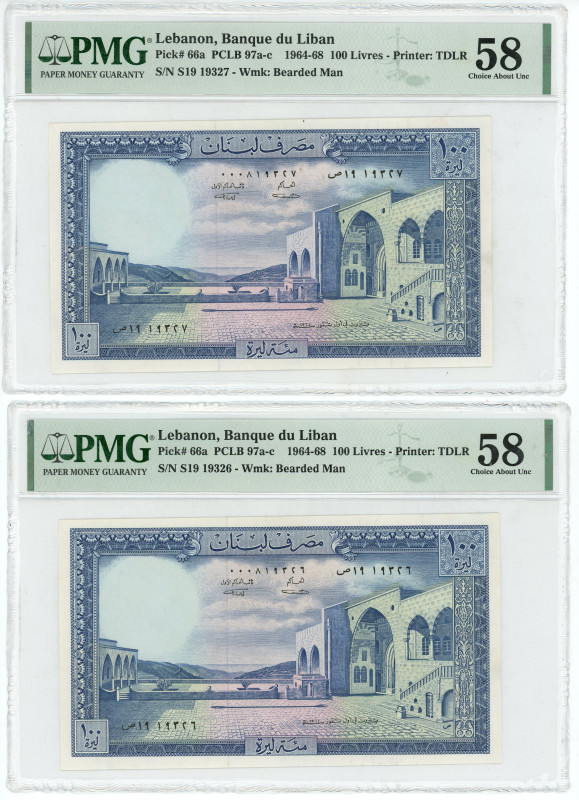 Lebanon 2 x 100 Livres 1964 - 1968 Consecutive Pair PMG 58 Choice About

P# 66...