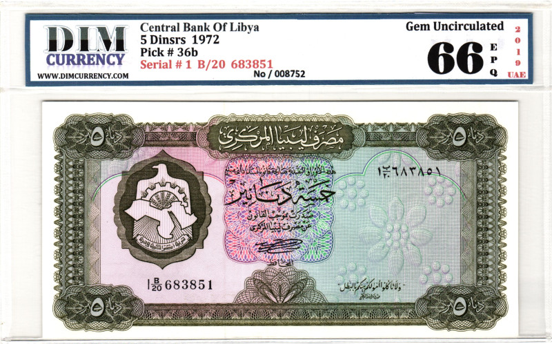 Libya 5 Dinars 1972 DIM 66 EPQ Gem Uncirculated

P# 36b, N# 223017; # B/20 683...