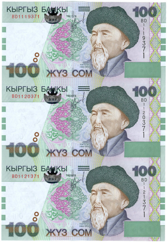 Kyrgyzstan 3 x 100 Som 2002 Uncut Sheet

P# 21, N# 204857; With Original Folde...