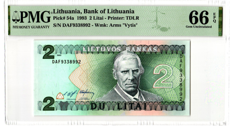 Lithuania 2 Litai 1993 PMG 66 EPQ Gem Uncirculated

P# 54a, N# 207608; # DAF 9...