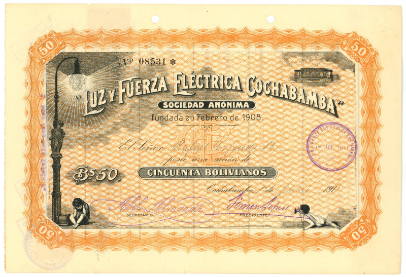 Bolivia Luz y Fuerza Electrica de Cochabamba Accion de 50 Bolivianos 1911

# 8...