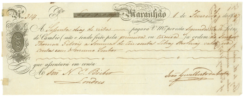 Brazil Joan da Costa Bill of Exchange for £50 Maranhao 1847

# 314; mid-XIX bi...