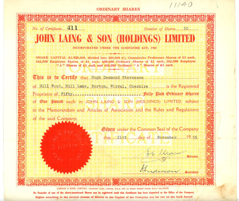 Great Britain John Laing & Son (Holdings) Ltd 50 ordinary Shares 1955

# 411; ...