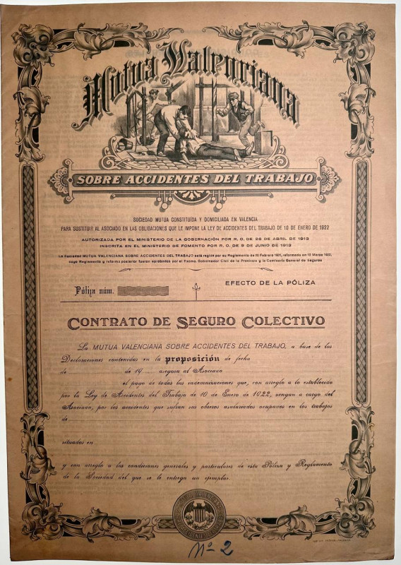 Spain Mutua Valenciana Contrato de Seguro Colectivo 1922

Attractive vignette;...