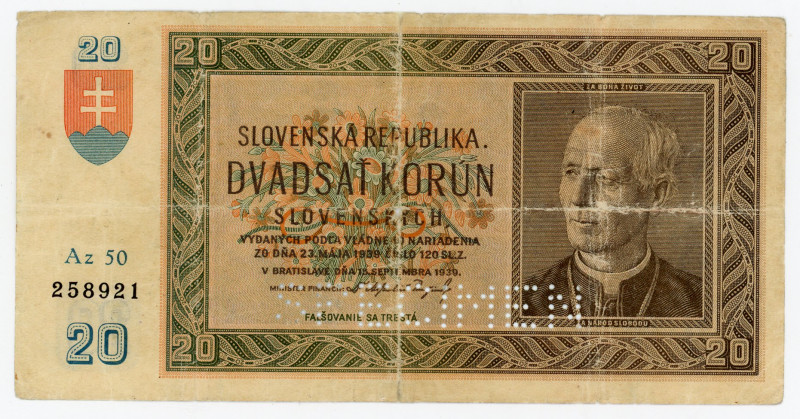 Slovakia 20 Korun 1939 Specimen

P# 5s, # Az 50 258921; F