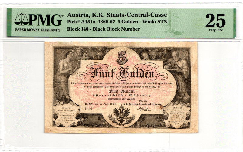 Austria 5 Gulden 1866 - 1867 PMG 25 Very Fine

P# A151a, N# 203435; # I 40