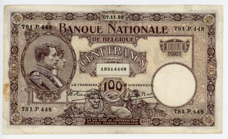 Belgium 100 Francs 1923

P# 95, N# 210373; # 781.P.448; VF