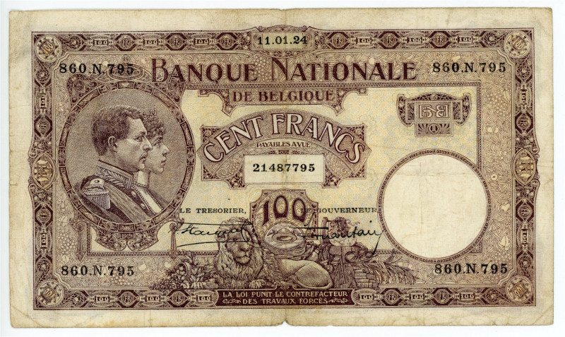 Belgium 100 Francs 1924

P# 95, N# 210373; # 860.N.795; VF