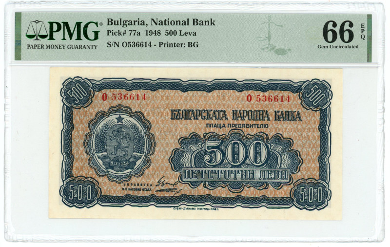 Bulgaria 500 Leva 1948 PMG 66 EPQ Gem Uncirculated

P# 77a, N# 203370; # O 536...